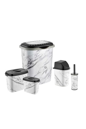 Beyaz Mermer Desen 5 Parça Banyo Çamaşır Seti Kirli Sepeti+deterjan,calgonluk Wc Fırçası Çöp Kovası abn-2106220152 - 1