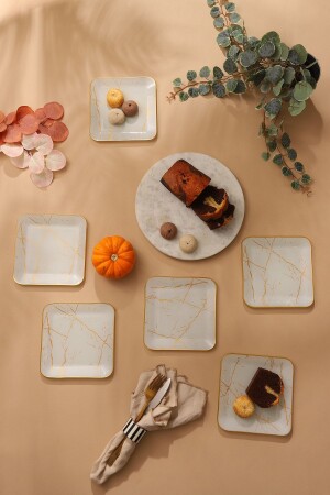 Beyaz Mermer Kare Pasta Tabağı 18 Cm 6 Adet. Beyaz Mermer kare pasta. - GÜRCÜGLASS