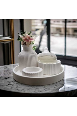 Beyaz Renk Özel Tasarım Vazo Oval Tepsi - Kutuda Mum Ve Tealight Mumluk Dekorasyon Seti Yılbaşı - Hkm Hobim