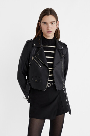 Bikerjacke aus Kunstleder mit Gürtel, XL - Stradivarius