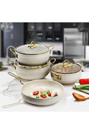 Bio Granit 7 Prç Istiridye Fildişi & Gold Kulp Tencere Ve Tava Seti EVTGR7PRÇEZMFİLDİŞİ - Evita