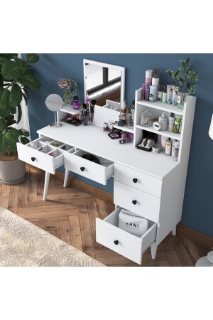 Bj101 Makyaj Masası 5 Çekmeceli Raflı Aynalı Takı Düzenleyici Beyaz 2294 - Rani Mobilya