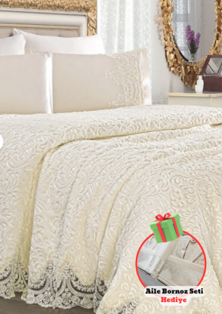 Boncuklu Battaniye Fransız Dantelli ( Yatak Örtüsü ) Takımı 6 Parça Çeyiz Seti - Ipek Home Living