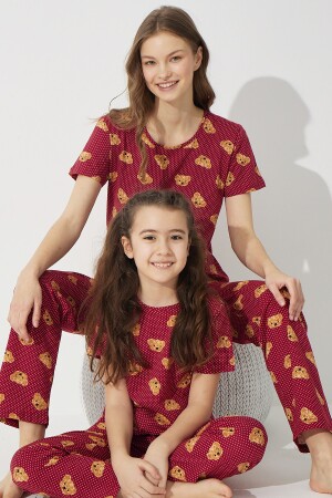 Bordo Ayıcık Desenli Pamuklu Likralı Pijama Takım 7624 Çarşı 24