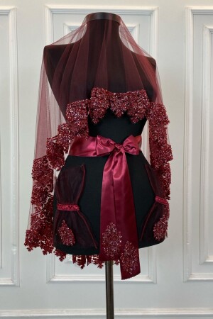 Bordo Gelin Duvak Seti- Cam Boncuk ve Pul Baskılı Kına Duvağı Seti 6 Parça - Zeymerade