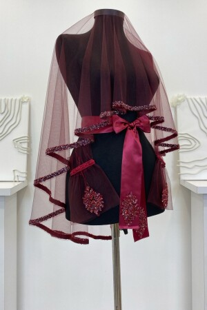 Bordo Gelin Duvak Seti- Cam Boncuk ve Pul Baskılı Kına Duvağı Seti 6 Parça - Zeymerade