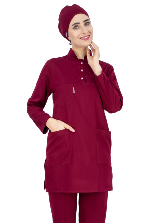 Bordo Ince Likralı Tesettür Hemşire Forması Ve Cerrahi Doktor Forması Takımı LİKRALI-SOFT-TESETTÜR - Alsancak Üniforma