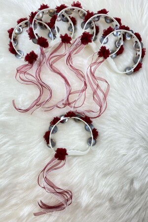 Bordo Süslü Gelin Nedime Kına Gecesi Sünnet Düğün Tefi- Üç Boyut Lazer Çiçek Ve Kurdele Süslü 5 Adet - Zeymerade