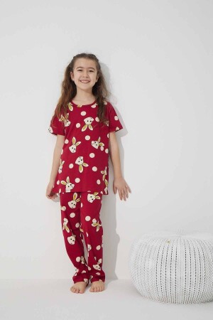 Bordo Tavşan Desenli Pamuklu Örme Pijama Takım 7624 - 3