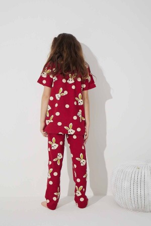 Bordo Tavşan Desenli Pamuklu Örme Pijama Takım 7624 - 4