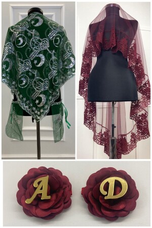 Burgunderroter Henna-Schleier. Brautschleier-Set – Handrose – Schulterbedeckung für den Bräutigam – 9-teiliges Set - Zeymerade