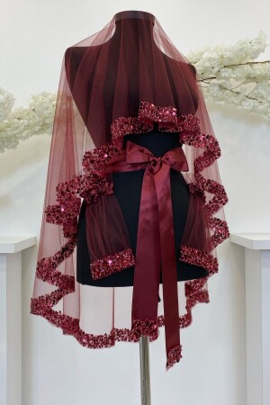 Burgunderrotes Brautschleier-Set – funkelnde Kristallglasperlen – mit Perlen und Pailletten bestickter Henna-Schleier, 6-teilig - Zeymerade