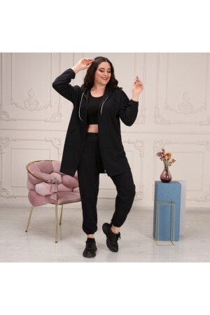 Büyük Beden Tomy Fermuarlı Kapüşonlu Eşofman Takımı Siyah - Cng Moda