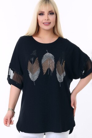 Büyük Beden Yuvarlak Yaka Kol Ucu Tül Şeritli Tüy Taş Baskılı Esnek Ve Cool Likralı Büyük Beden Bluz - Kheos