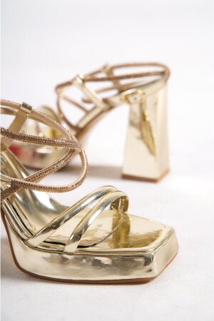 Çapraz Dolama Taşlı Kadın Platform Altın Rengi Ayakkabı PL01 - 4