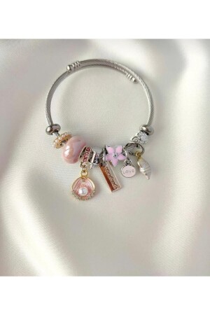 Çelik Bileklik Zirkon Taşlı Deniz Kabuğu Charmlı Inci Detaylı - Almondmoda