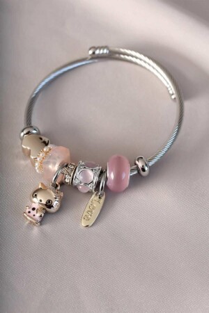 Çelik Charm Bileklik Pembe Renkli Kedi Figürlü Hello Kitty - Simay Aksesuar