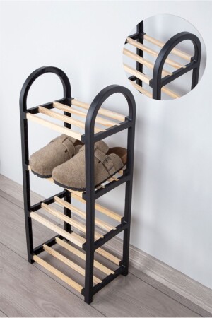 Chawood Mini Ahşap Çubuklu 4 Bölmeli Siyah Ayakkabılık Masif Ahşap Ayakkabılık Raf Ünitesi - Çavdar Group