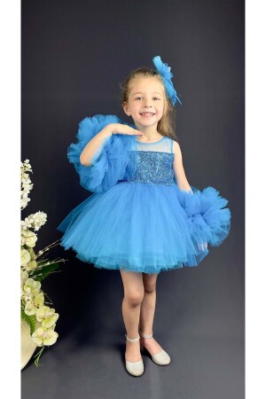 Chiffon Robe Pompom Ärmel Pailletten Mädchen Krinoline Rock Tutu Abendkleid Blau - Mnk Baby&Kids