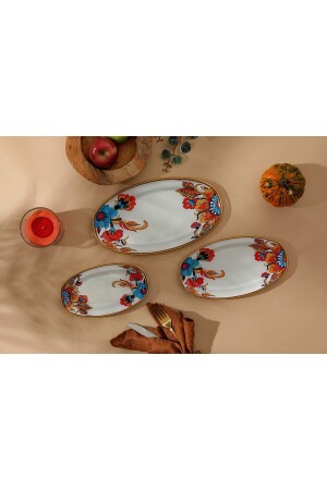 Çiçek Desen Oval Kayık Tabak 3 Lü Sunumluk Çerezlik 3 Lü çiçek desen kayık - GÜRCÜGLASS