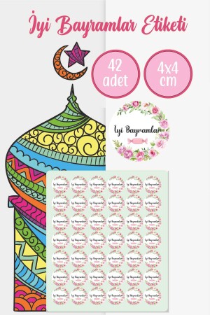 Çiçekli Ve Şekerli İyi Bayramlar Etiketi 4 cm 42 Adet Suya Dayanıklı Sticker - 1