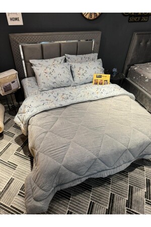 Çift Kişilik Welsoft Pufidik Uyku Seti (LASTİKLİ ÇARŞAFLI) Etnik Mavi - Violacasa