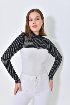 Çizgili Dik Yaka Boyunluklu Kolluk Penye Pamuk Kadın Tesettür Boyunluk Siyah Beyaz - Mirach