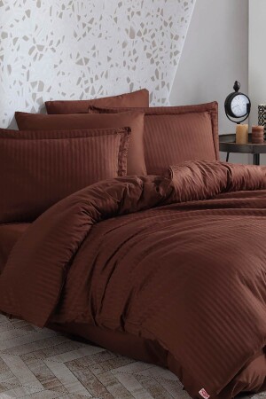 Çizgili Saten Çift Kişilik Jakarlı Nevresim Takımı - Kahve EFB-RTL-HBY-ÇKSNVR-CZGL - Hobby
