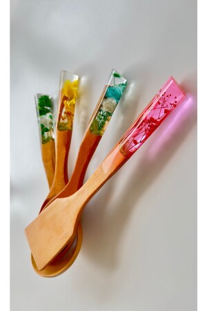 Colorful Serisi El Yapımı Bambu Kaşık Seti-ahşap-tahta Kaşık 4'lü Set /2 Kaşık, Kepçe, Spatula LSN1019 - 2