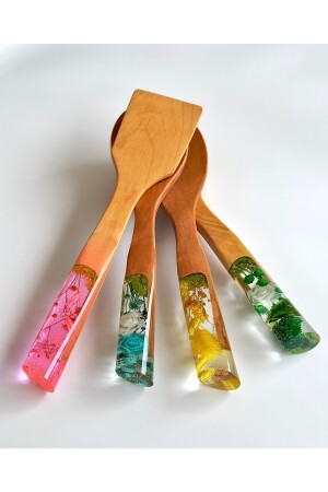 Colorful Serisi El Yapımı Bambu Kaşık Seti-ahşap-tahta Kaşık 4'lü Set /2 Kaşık, Kepçe, Spatula LSN1019 - 3
