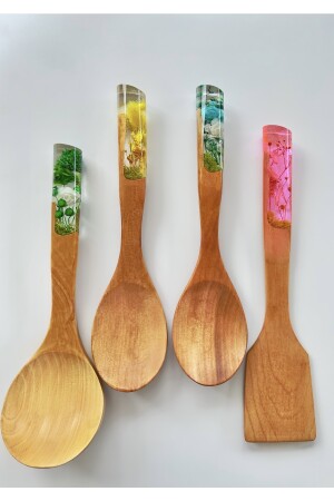 Colorful Serisi El Yapımı Bambu Kaşık Seti-ahşap-tahta Kaşık 4'lü Set /2 Kaşık, Kepçe, Spatula LSN1019 - 5