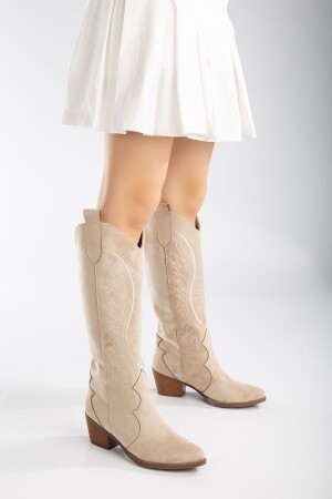 Cremebeige, nerzfarbene, matte Wildleder-Western-Cowgirl-Stiefel mit Stickerei - Denora