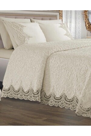 Cremefarbenes, doppeltes Mitgift-Decken-Set mit französischer Spitze - Belenay