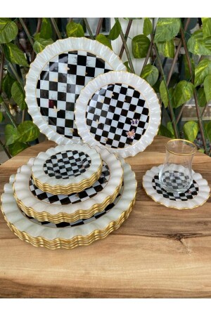 Damalı model altın 24 prç kahvaltı takımı. - Gürcüglass