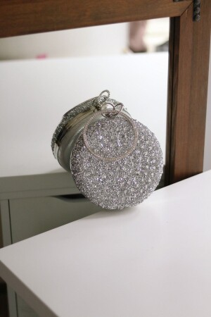 Damen-Abendtasche aus silbernem Stein mit runder Kette - Moom Bag