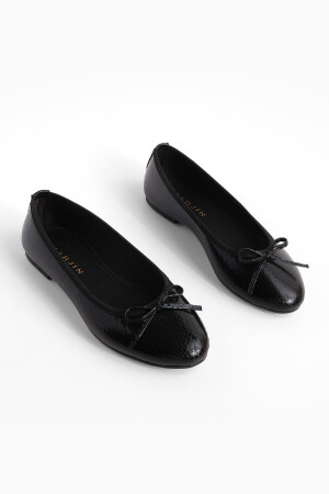 Damen-Ballett-Ballerina, lässig, Metallic-Stil, runde Zehenpartie, Ballerina, Adusa, schwarze Schlange - Marjin