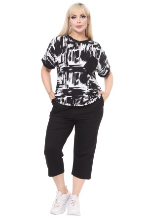 Damen-Capri-Anzug in großer Größe, schwarz, gebürstet, kurzärmelig, mit Tasche - Melsay