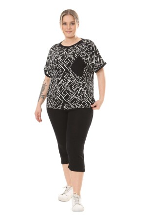 Damen-Capri-Anzug mit Streifenmuster in Übergröße, Schwarz, Garni-Tasche, kurzärmlig - Melsay