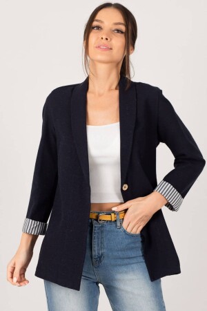 Damen-Jacke mit einem Knopf, dunkelblau, innen gestreift, ARM-22K001122 - Armonika