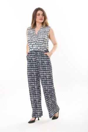 Damen-Jumpsuit in Marineblau mit Wickelkragen, weitem Bein und elastischer Taille, große Größe, 65N37635 - Şans