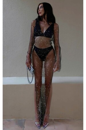 Damen-Kristall-Langarm-Stein-Mesh-Kleid, elegantes Abendkleid - Mathilda