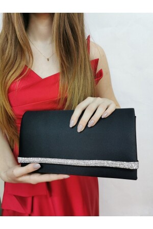 Damen Satin Stoned Black Abendkleid Clutch Portfolio Handtasche