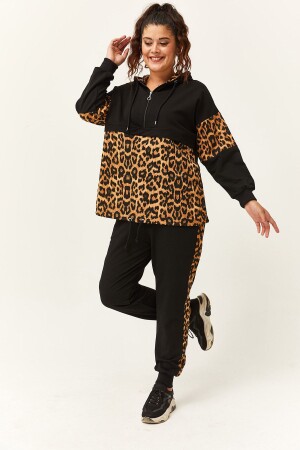 Damen-Trainingsanzug-Set in Übergröße mit Leopardenmuster in Schwarz - Ebsumu