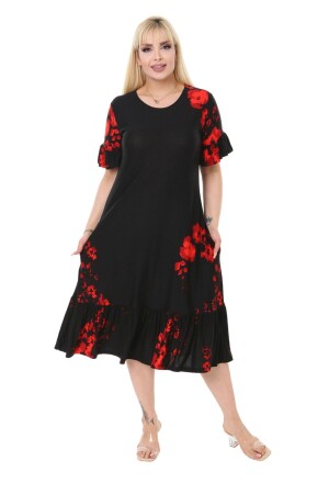 Damenkleid in Übergröße mit Rüschenärmeln und Rock, Mohnblumenmuster und Taschen - Melsay