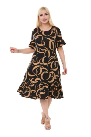 Damenkleid mit gerüschten Taschen und hellbraunem Wellenmuster in Übergröße - Melsay