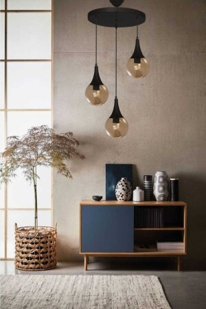 Damla 3-teilige Hängelampe Modell Kronleuchter – Honigglas rund – Schwarz Modern – Küche – Wohnzimmer D3 - VEDA AVİZE