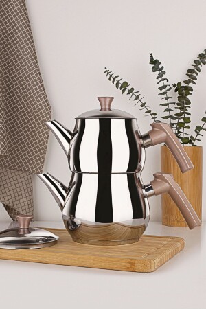 Damla Orta Boy Çaydanlık Indüksiyon Tabanlı Çaydanlık Çelik Çaydanlık Takımı Rose Kulp - Porsima