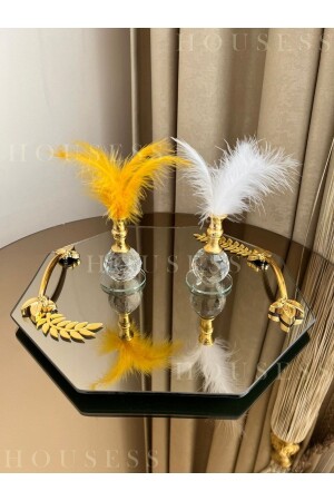 Dekoratif Aynalı Yaprak Detaylı Tepsi Ve 2'li Gold Tüylük 25x25 Cm HSS-YPRK02 - Housess
