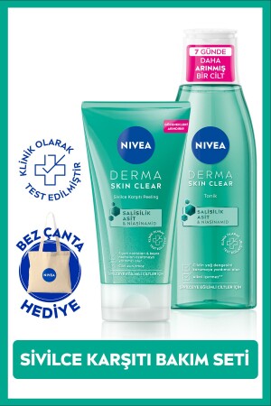 Derma Skin Clear Sivilce Karşıtı Yüz Temizleyici Peeling 150 ml, Tonik 200 ml,Bez Çanta Hediye SET.NVE.893 - NIVEA