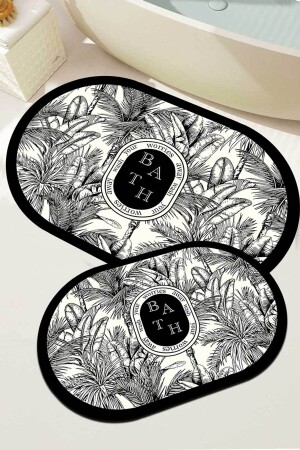 Dijital Kaymaz Yıkanabilir Bath Siyah Beyaz Botanik İkili Banyo Paspası Banyo Halısı Banyo Dekor - Decomia Home